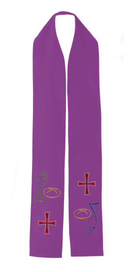 Fioletowa stuła kapłańska haftowana "Ryba Chleb Krzyż"