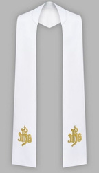 Stuła haftowana z IHS - szeroka jednostronna (biała)