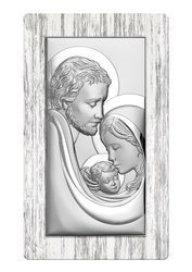 Srebrny obrazek z wizerunkiem Św. Rodziny, prostokątny, na drewnie shabby chic