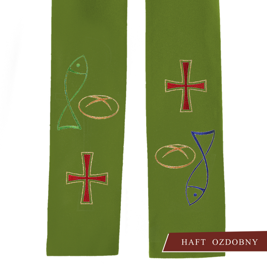 Zielona stuła kapłańska haftowana "Ryba Chleb Krzyż" 