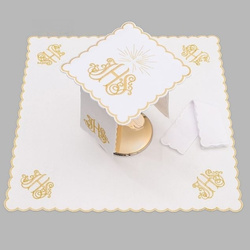 Bielizna kielichowa ołtarzowa bogato haftowana IHS promienie