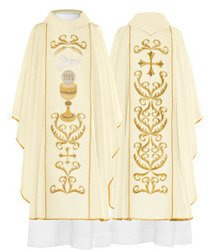 Ecru ornat haftowany z symbolem gołębia, kielich IHS