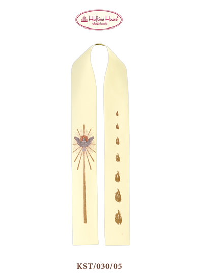 Ecru stuła haftowana z symbolami  - Ducha Św. i płomieniami