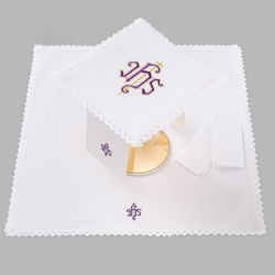 Bielizna kielichowa ołtarzowa wykończona koronką IHS fioletowy