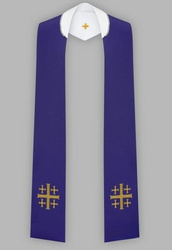 Stuła haftowana z krzyżem jerozolimskim - szeroka dwustronna (fioletowa i biała)