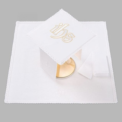 Bielizna kielichowa ołtarzowa wykończona koronką IHS złote brzegi