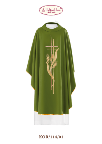 Zielony ornat haftowany motywami krzyża i kłosów 