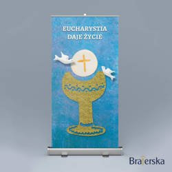 Baner roll-up Pierwsza Komunia Święta - Kielich z gołebicami