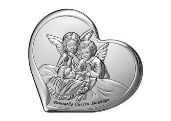 Srebrny obrazek Aniołki nad dzieckiem w "sercu" z napisem