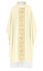 Ecru ornat liturgiczny zdobiony pasem haftowanym