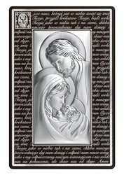 Srebrny obrazek z wizerunkiem Św. Rodziny w "sercu" na brązowym drewnie, z modlitwą