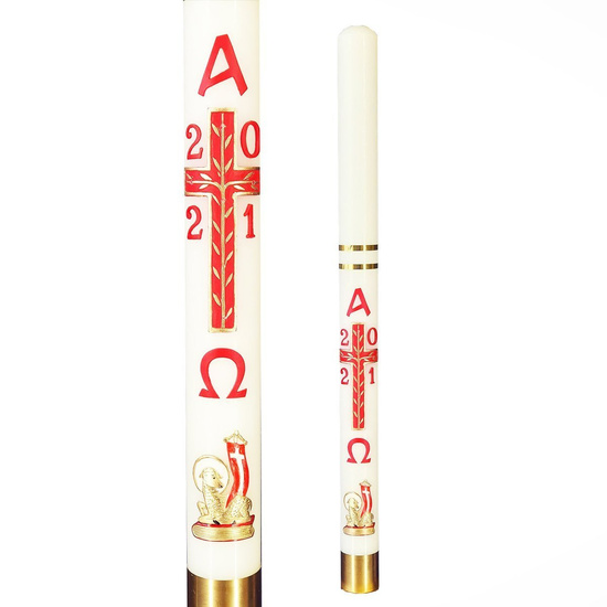 Paschał biały krzyż czerwony z aplikacją baranek złoty 3,5 kg