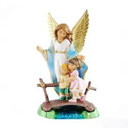 Figurka - Anioł Stróż z dziećmi - niebieski - 17 cm