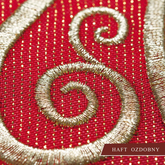 Czerwony ornat haftowany z symbolem IHS ze złoceniami 