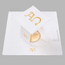 Bielizna kielichowa ołtarzowa wykończona koronką Alfa Omega intensywny złoty