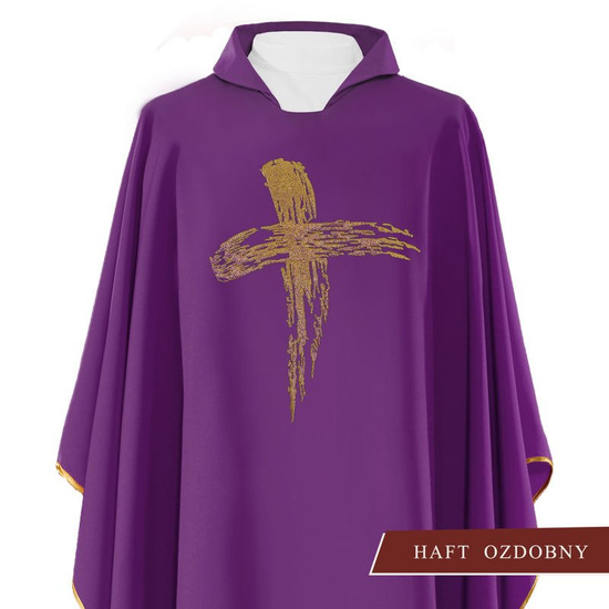Fioletowy ornat liturgiczny haftowany z symbolem "Krzyż" 