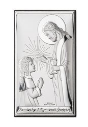 Srebrny obrazek na pamiątkę I Komunii Św. z Jezusem udzielającym Komunii dziewczynce
