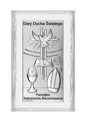 Srebrny obrazek pamiątka Bierzmowania na białym zdobionym drewnie - 8,5x15 cm