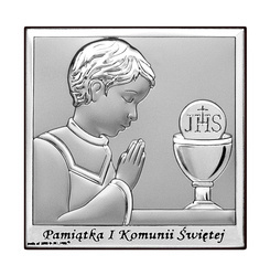 Srebrny obrazek na pamiątkę I Komunii Św. z chłopczykiem z podpisem, kwadratowy