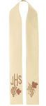 Ecru stuła kapłańska haftowana "IHS  z winogronami"  