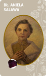 Karta z płatkiem róży z grobu bł. Anieli Salawy
