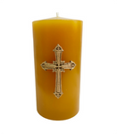 Świeca woskowa, niska, gruba, brązowa z aplikacją