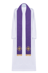 Fioletowa stuła kapłańska haftowana zdobiona kamieniami fasetowanymi i zakończona frędzlami 