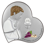 Obrazek z wizerunkiem chłopca modlącego IHS - Pamiątka I Komunii Świętej kolorowy