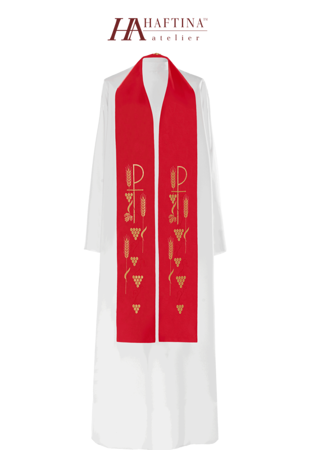  Stuła kapłańska haftowana "Krzyż z winogronami" czerwona