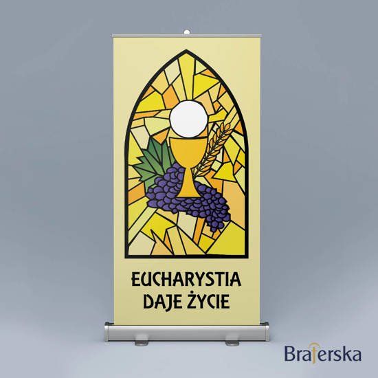 Baner roll-up Pierwsza Komunia Święta - Witraż Eucharystia daje życie