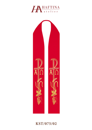 Czerwona stuła kapłańska haftowana "Alfa i Omega" 