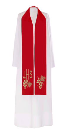 Czerwona stuła kapłańska haftowana "IHS  z winogronami" 