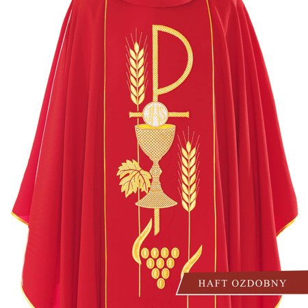 Czerwony ornat haftowany z symbolem Kielicha IHS 