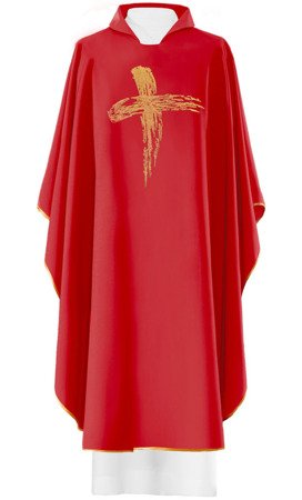 Czerwony ornat liturgiczny haftowany symbol "Krzyż" 