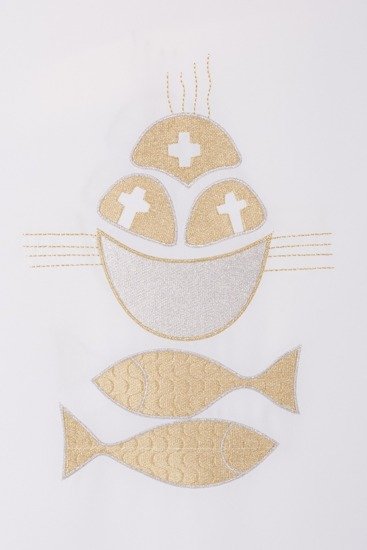 Ecru ornat haftowany z motywem kielicha, chleba i ryb