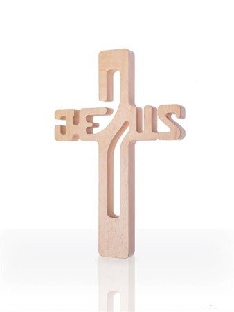Krzyż z drewna bukowego z napisem Jezus