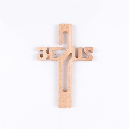 Krzyż z drewna bukowego z napisem Jezus