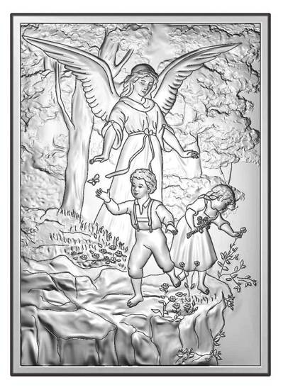 Obrazek z wizerunkiem Anioła Stróża nad bawiącymi się dziećmi na skale