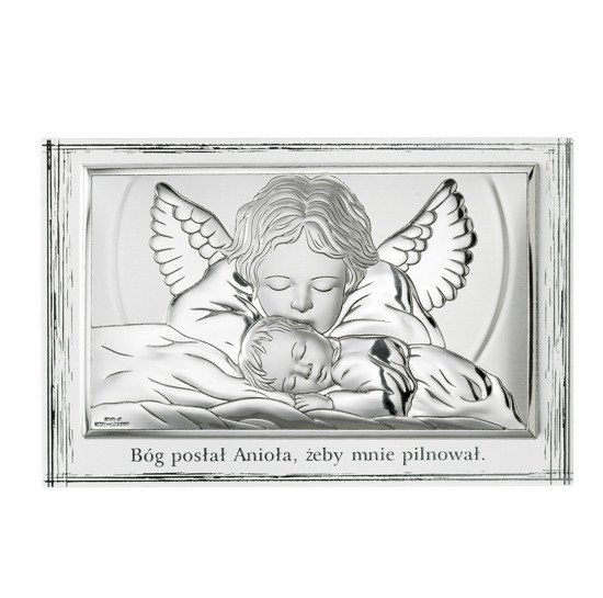 Srebrny obrazek Aniołek całujący śpiące dziecko na białym drewienku z podpisem, prostokątny