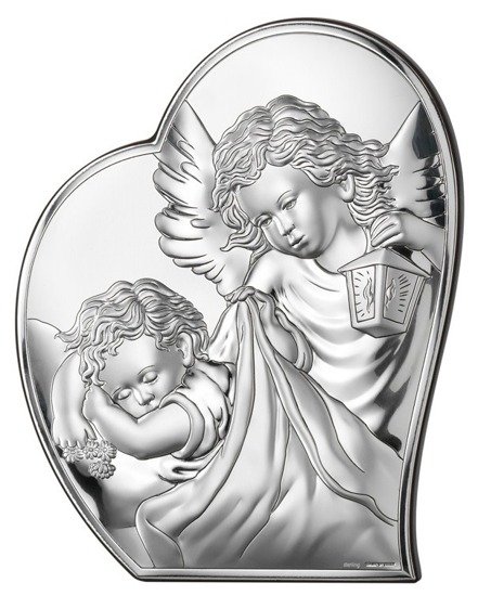 Srebrny obrazek Aniołek z latarenką nad dzieckiem z modlitwą z tyłu