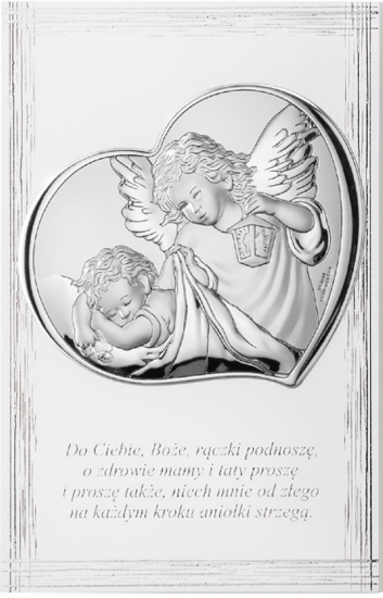 Srebrny obrazek Aniołek z latarenką w sercu na białym zdobionym panelu z modlitwą