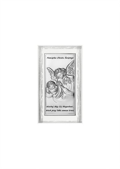Srebrny obrazek Aniołek z latarenką z modlitwą, prostokątny na białym zdobionym drewnie