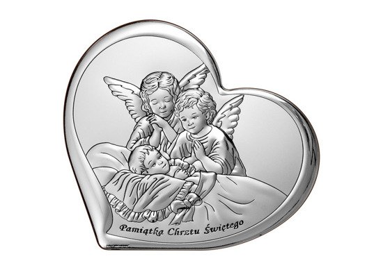 Srebrny obrazek Aniołki nad dzieckiem w "sercu" z napisem