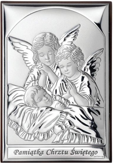 Srebrny obrazek Aniołki nad dzieckiem z podpisem "Pamiątka Chrztu Świętego", prostokątny