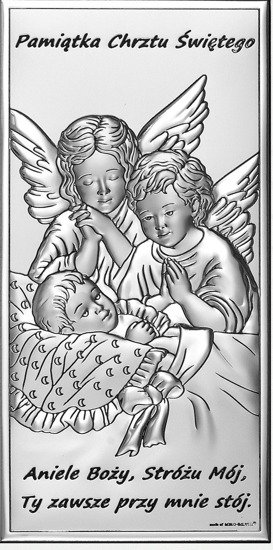 Srebrny obrazek Aniołki nad dzieckiem z podpisem, prostokątny