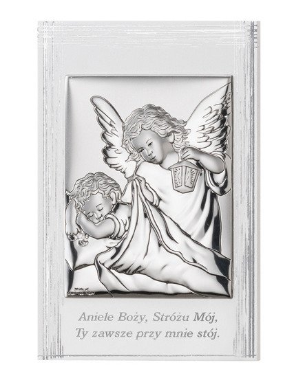 Srebrny obrazek na pamiątkę Chrztu Św. z Aniołkiem z latarenką na zdobionym białym drewienku, prostokąt