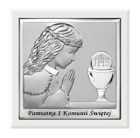 Srebrny obrazek na pamiątkę I Komunii Św. Z dziewczynką z podpisem, kwadratowy na białym drewienku
