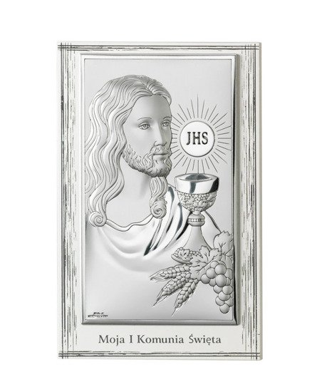 Srebrny obrazek na pamiątkę I Komunii Św. z Jezusem i Hostią na białym drewienku z podpisem