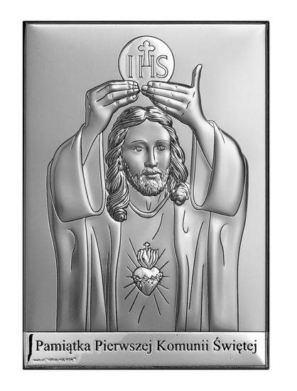Srebrny obrazek na pamiątkę I Komunii Św. z Jezusem, prostokątny