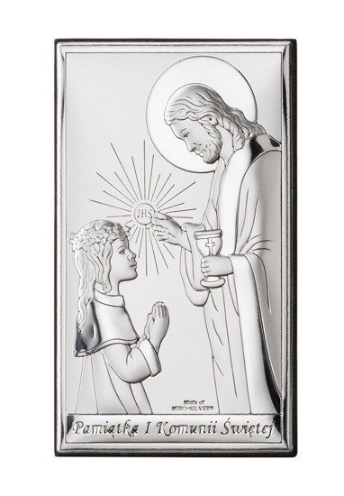 Srebrny obrazek na pamiątkę I Komunii Św. z Jezusem udzielającym Komunii chłopczykowi
